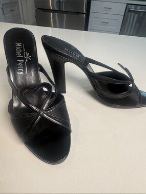 Michel Perry Black Leather Heart-Strap High Heel Mules
